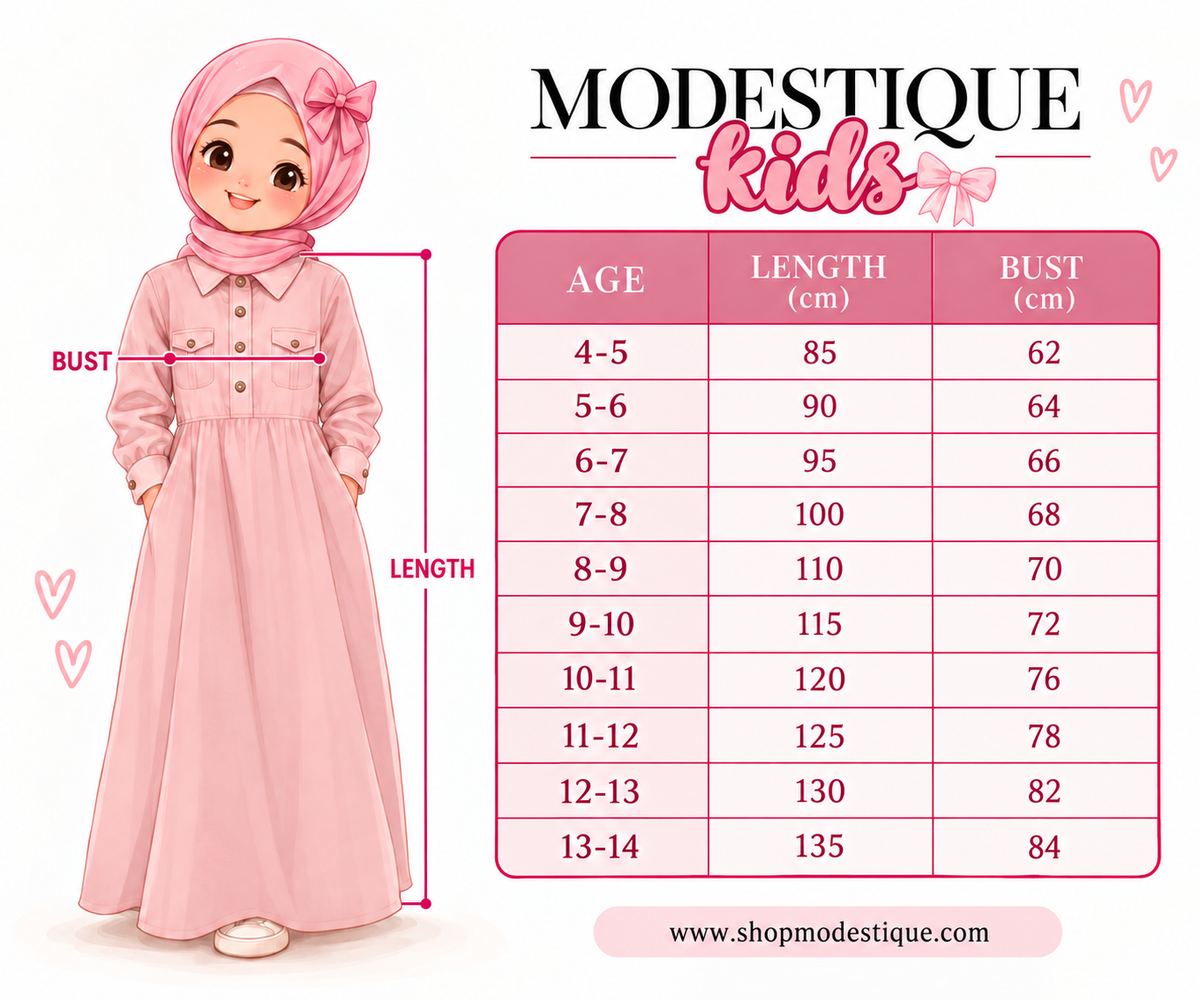 Modestique Kids size chart for girls' modest dresses, ages 4 to 14, with length and bust measurements in cm