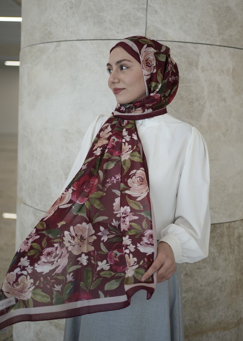 Floral Garden Print Hijab - Burgundy
