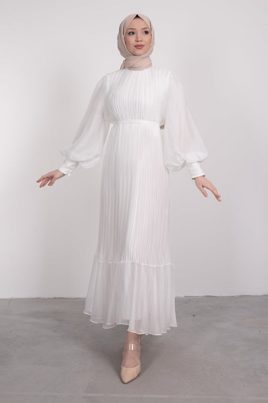 Elegant Pleated Lined Dress - White