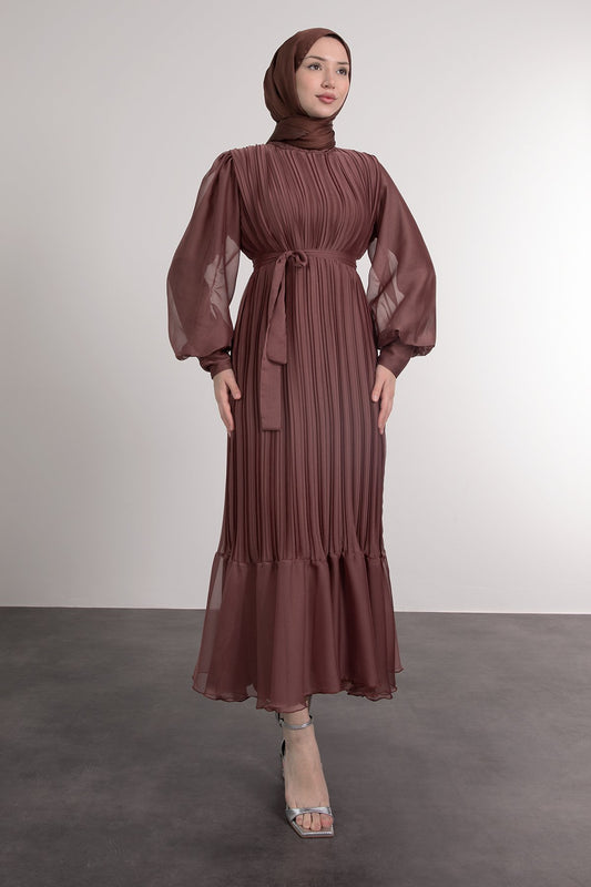 Elegant Pleated Lined Dress - Brown