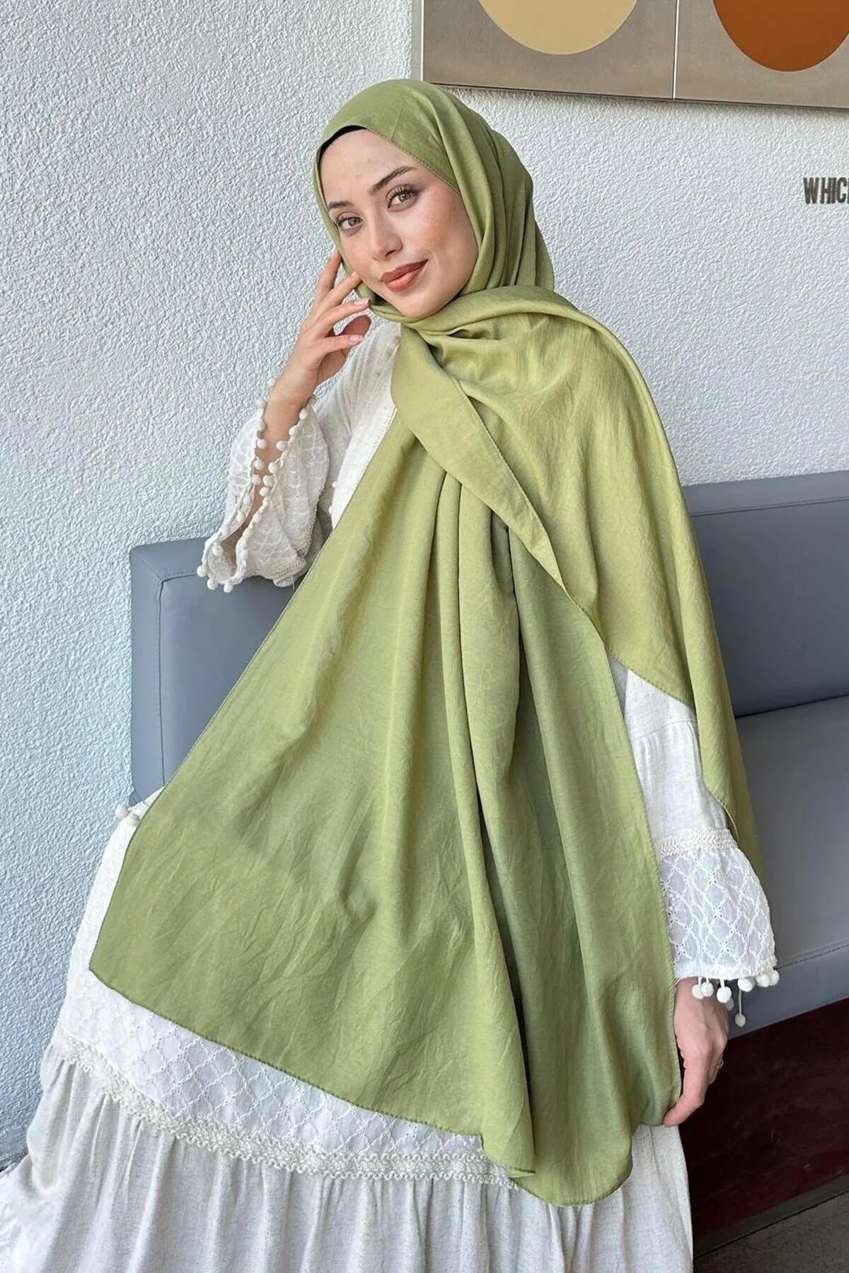 Pistachio Comfort Cotton Hijab styled with a white dress, showing the soft drape
