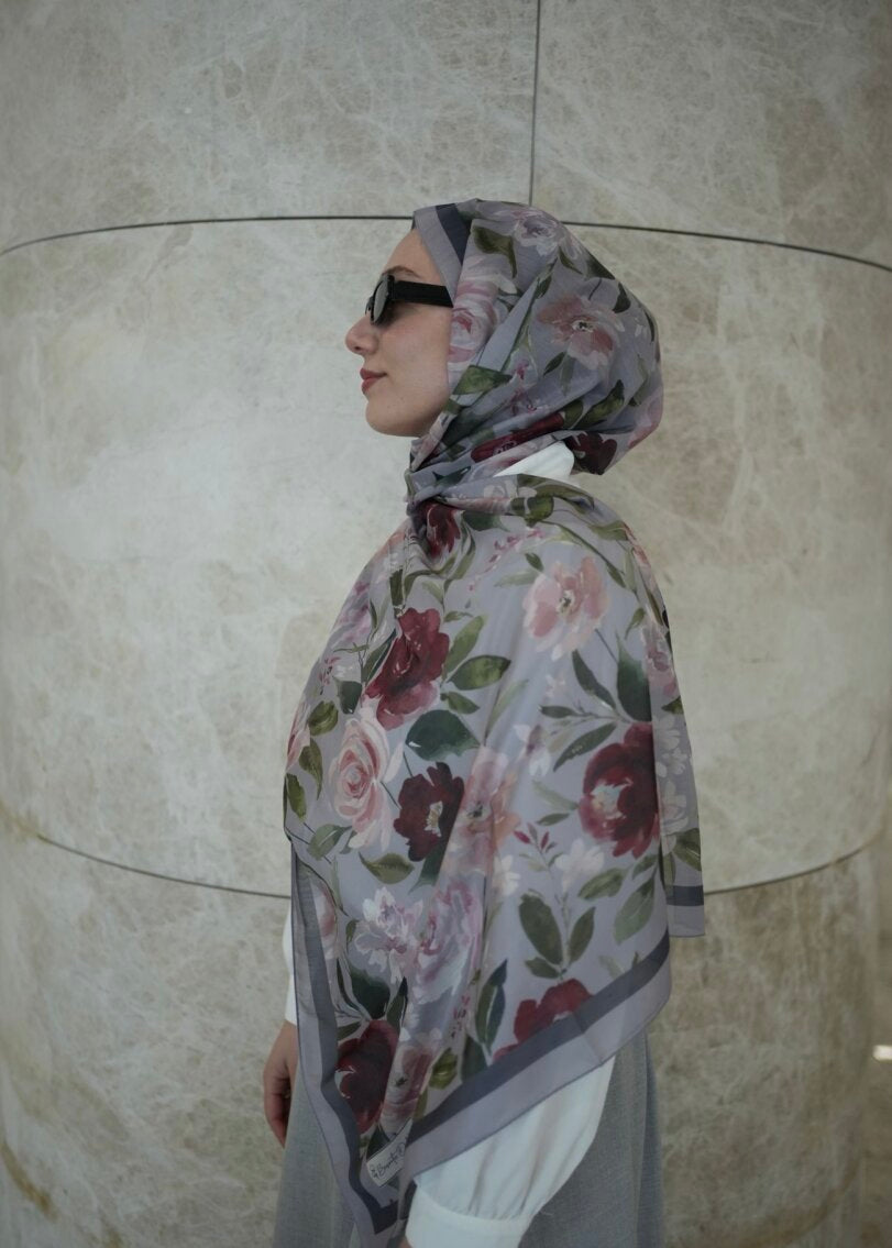 Floral Garden Print Hijab - Gray