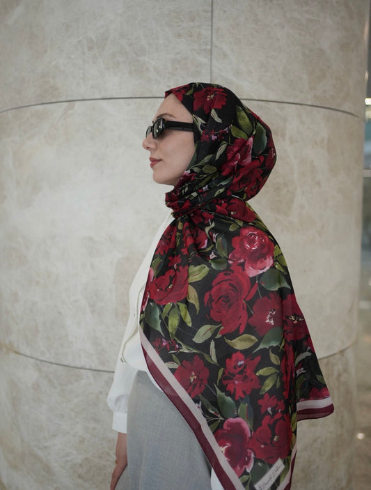 Floral Garden Print Hijab - Black & Red