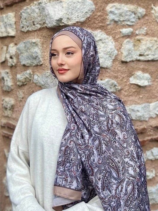Paisley Print Hijab - Latte