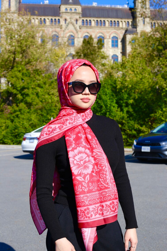 Floral Monochrome Print Hijab - Red