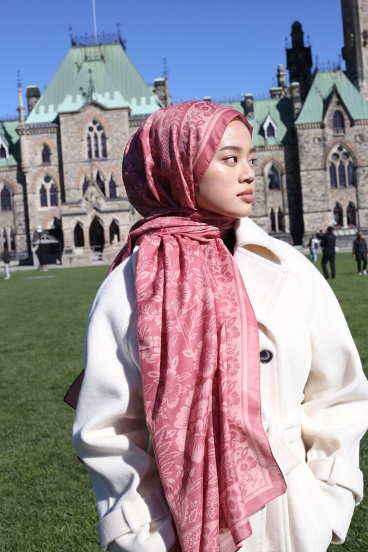Floral Monochrome Print Hijab - Pink