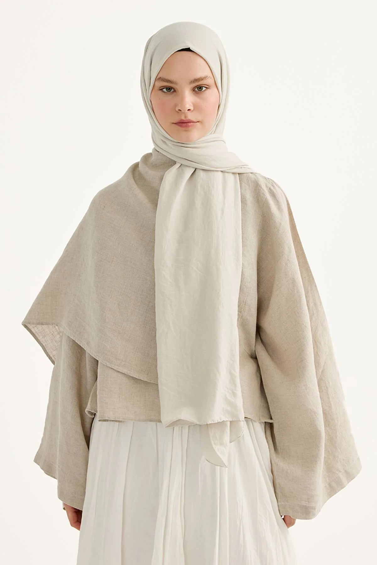 Bone Comfort Cotton Hijab with a relaxed neutral outfit, full front look